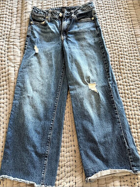 Gap Kids Denim Wide Leg Distressed Raw Hem Jeans Blue Waist 14